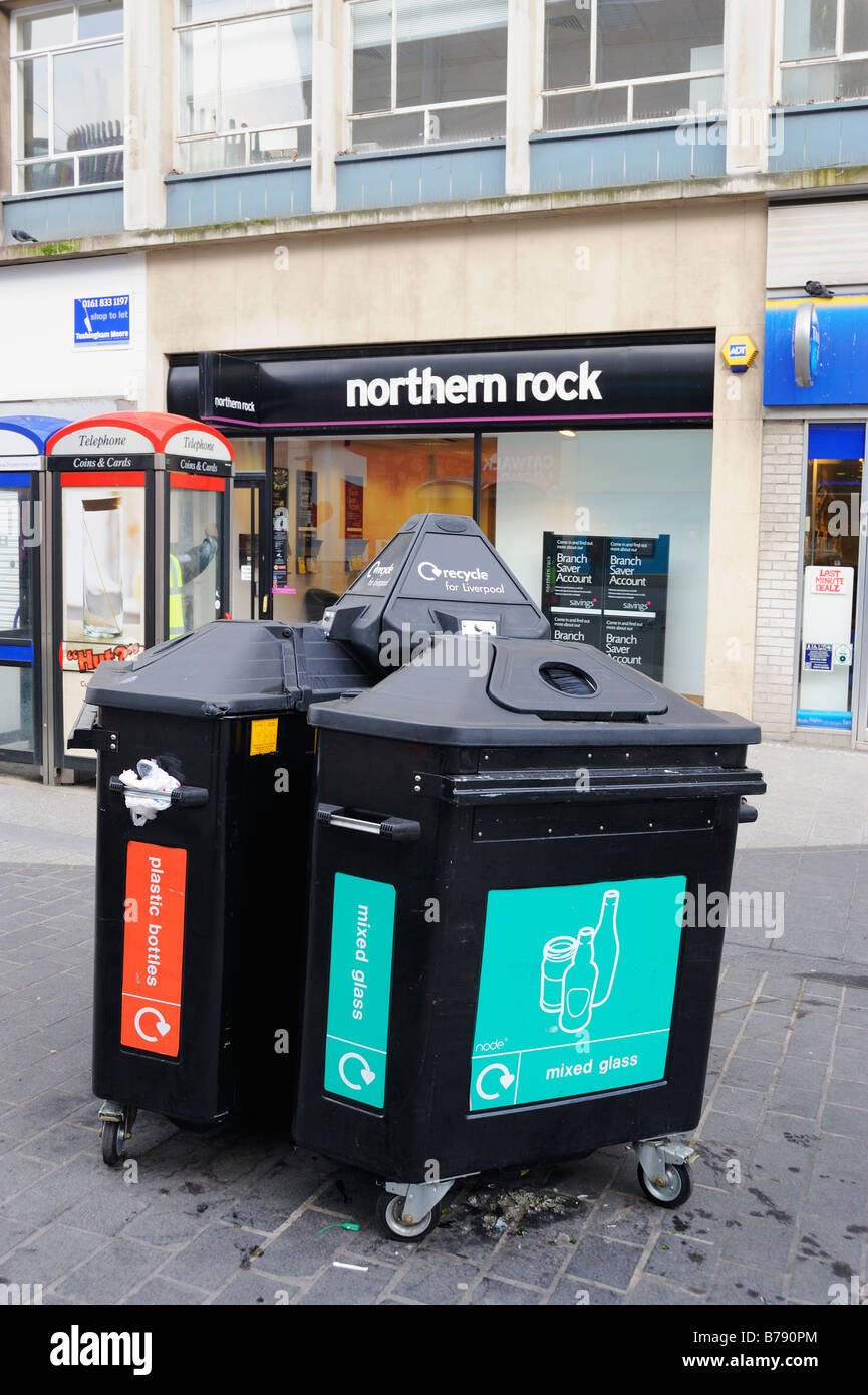 Portable recycle bins in Church Street, Liverpool - the main shopping street in Liverpool City Centre. Stock Photo