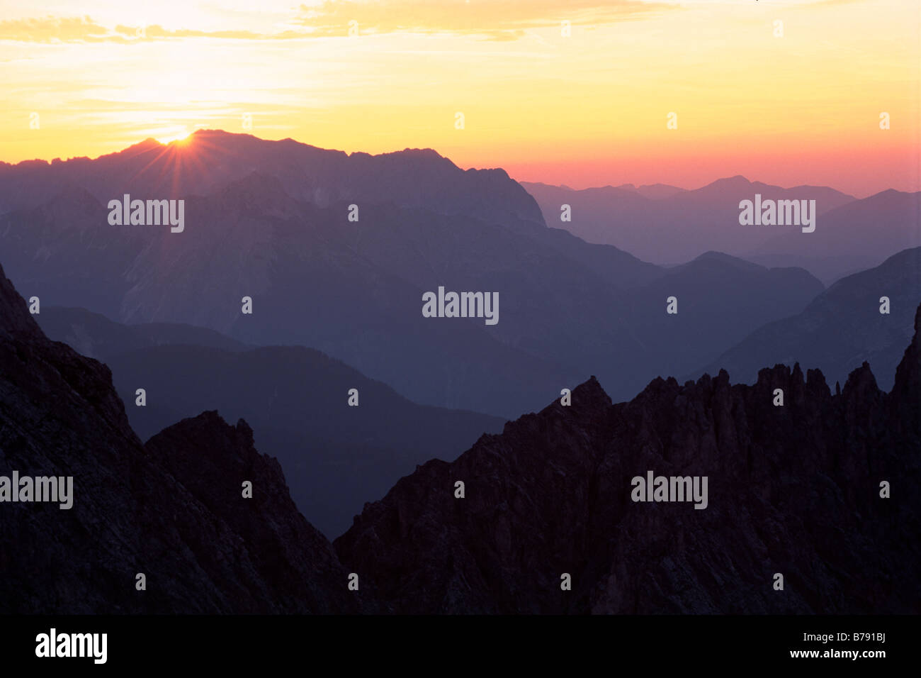 Sunset above the Karwendel Mountains seen from Mt. Hafelekar, North Tyrol, Austria, Europe Stock Photo