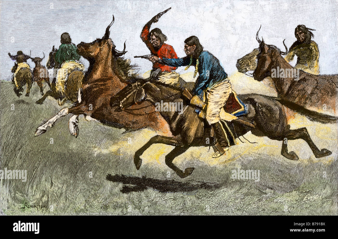 Plains Indians killing white settlers cattle 1800s. Hand-colored woodcut of a Frederic Remington illustration Stock Photo