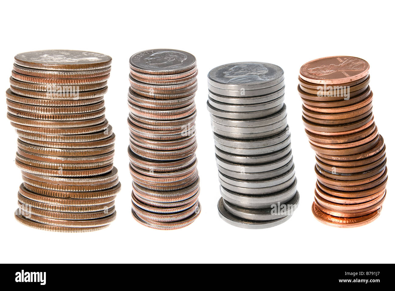 Stacks of U S currency coins including quarters dimes nickels and pennies Stock Photo