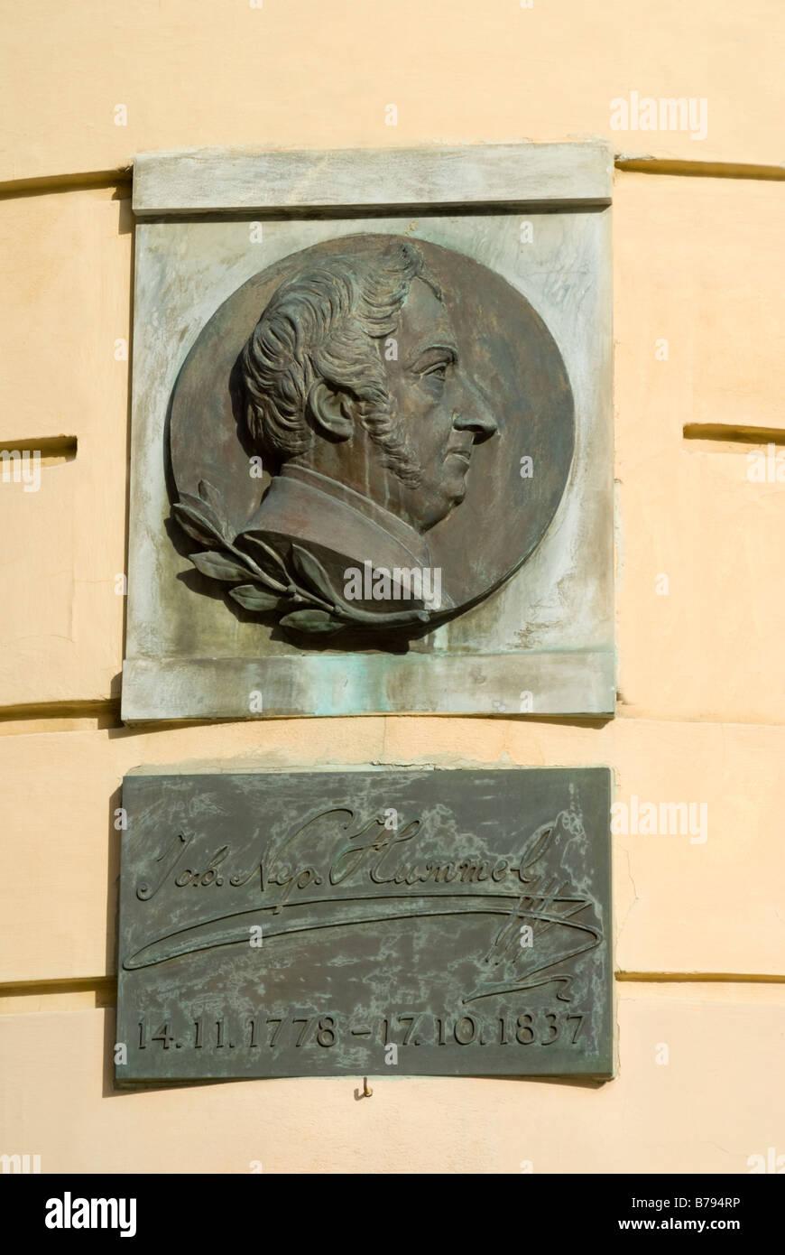Bratislava, Slovakia. Commemorative plaque to Johann or Jan Nepomuk Hummel  (1778-1837; composer and virtuoso pianist Stock Photo - Alamy