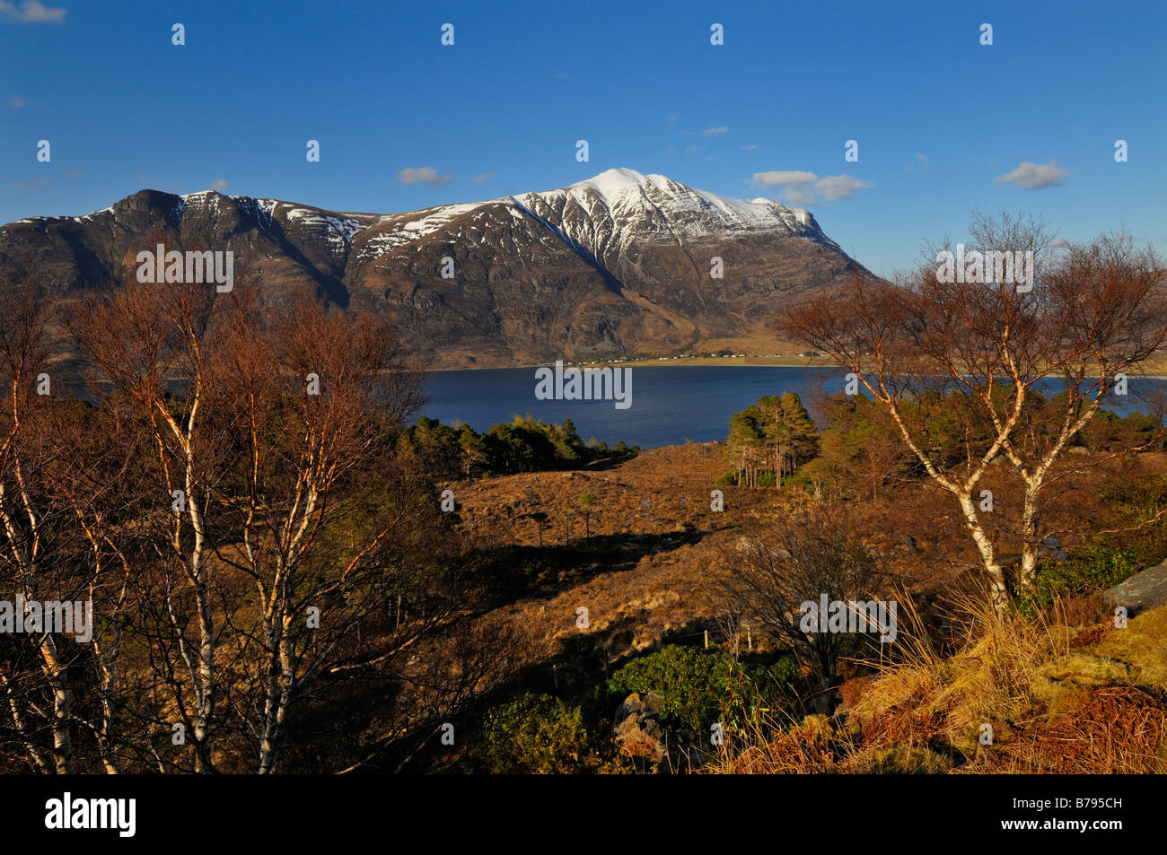 The distant snow capped peak of Liathach rises beyond Loch Torridon and nearby birch woods Torridon Wester Ross northern Scotlan Stock Photo