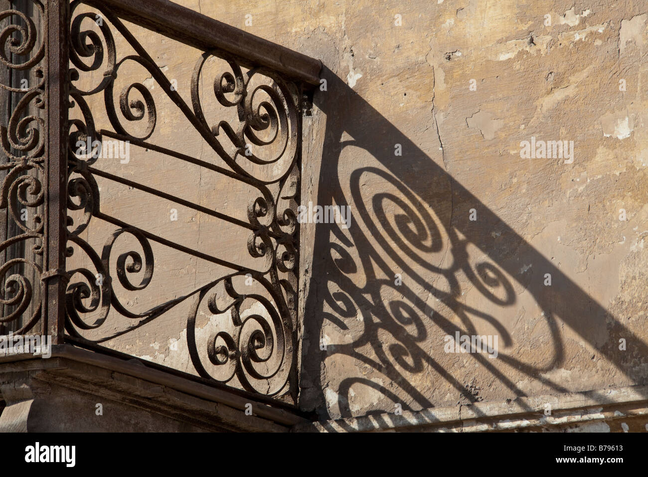 detail of iron grille in early 20th century ruined palatial house, Samanhud, Egypt Stock Photo