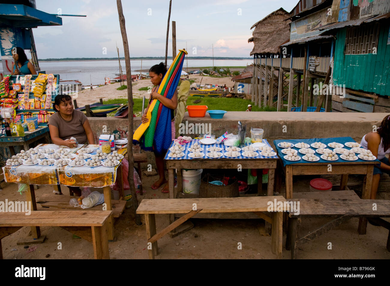 Market stall of amazonian river turtle eggs Nanay market Iqutios peruvian amazon, Peru Stock Photo