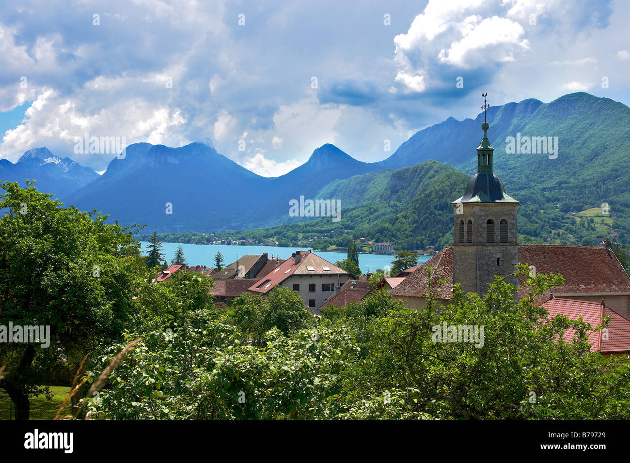 View over Talloires to Lake Annecy and mountains beyond, Haute Savoie, France Stock Photo
