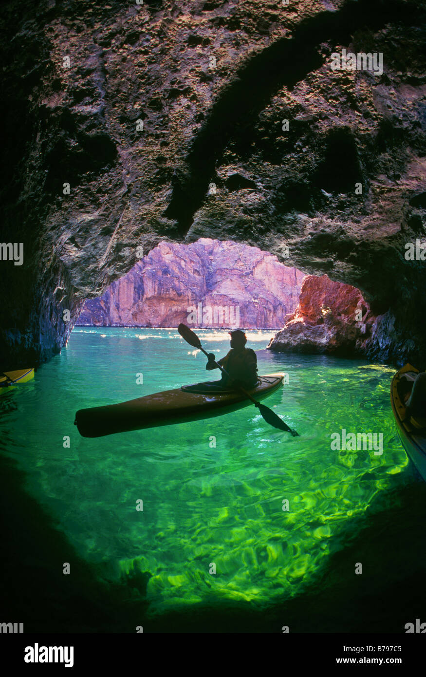 Kayaking in Emerald Cave, Colorado River in Black Canyon, Arizona Stock