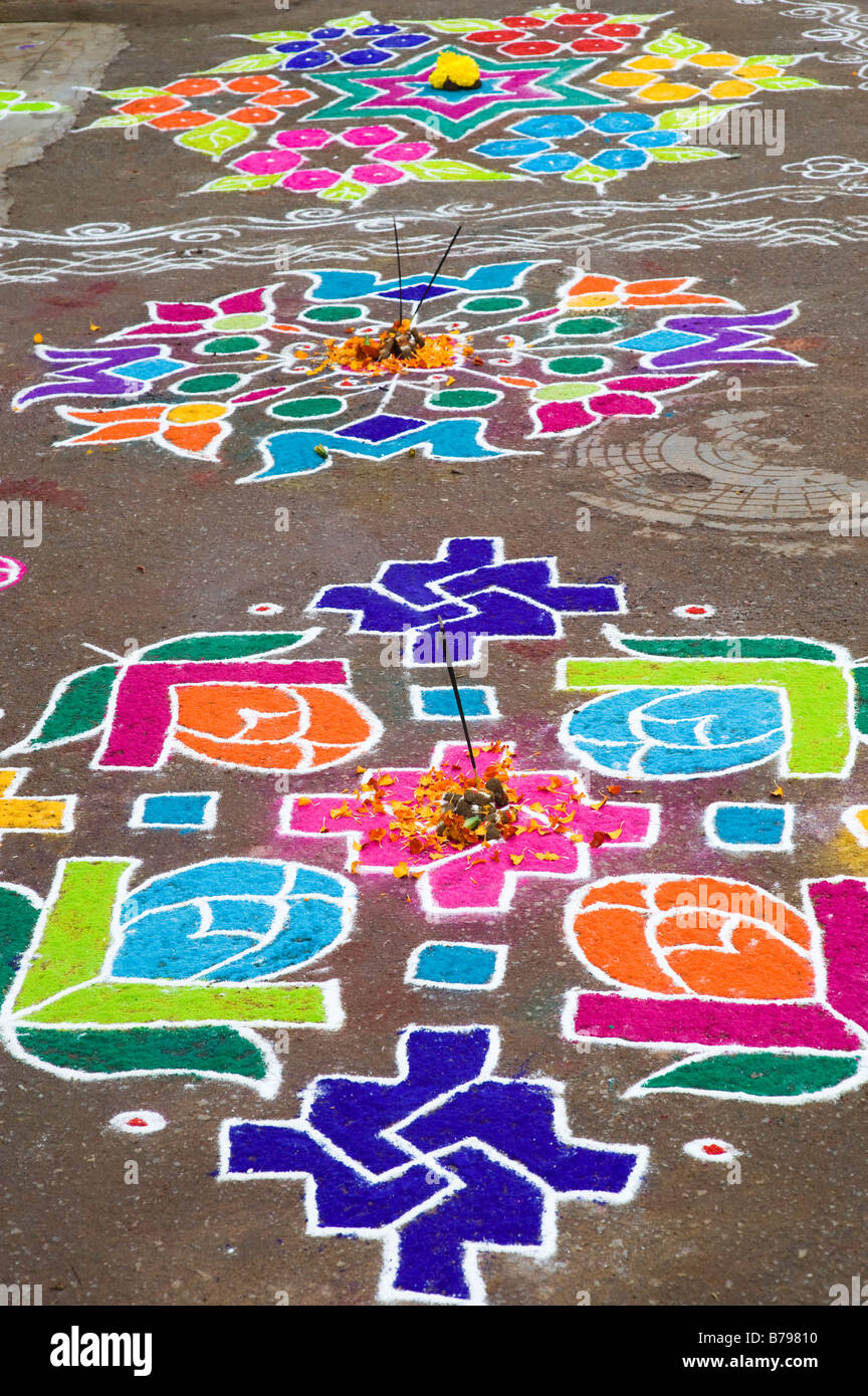 Rangoli sankranti festival designs in an Indian street. Andhra Pradesh, India Stock Photo
