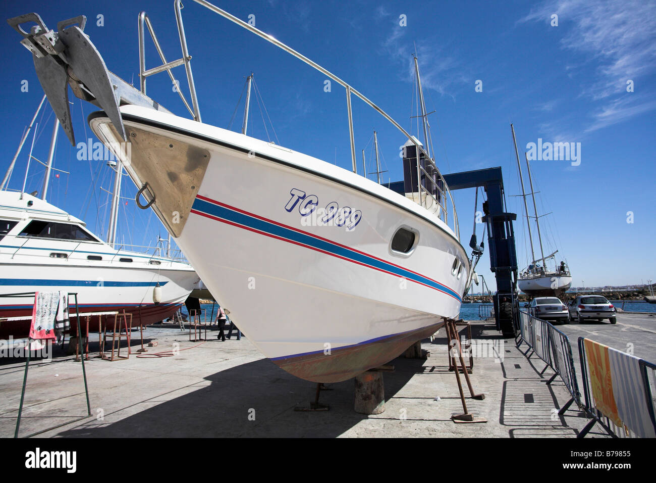 A boat in dry dock. Port el Kantaoui, Tunisia. Stock Photo