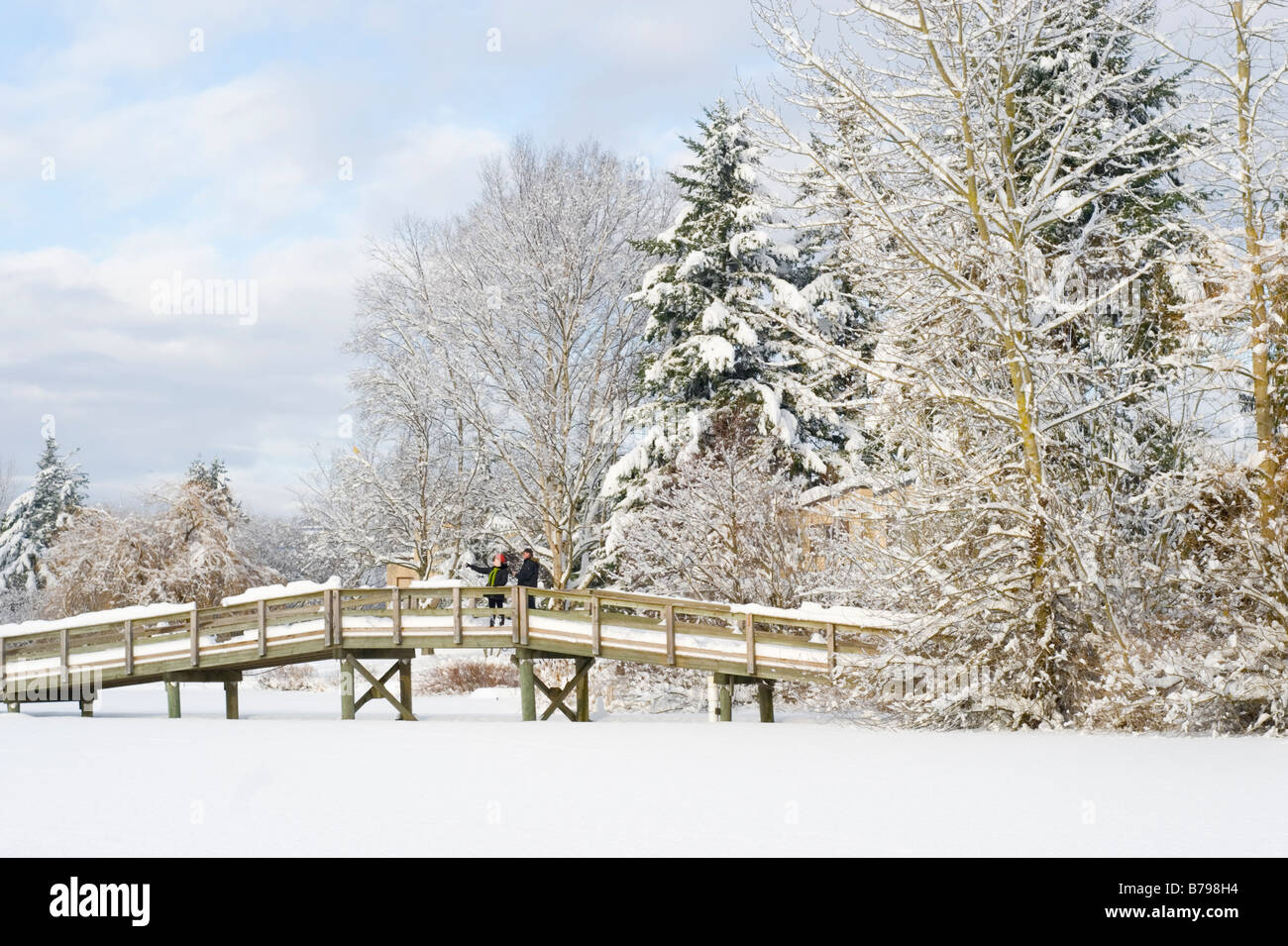 A man and woman on a wooden bridge at Mill Lake Park after a fresh snow fall Abbotsford BC Canada Stock Photo