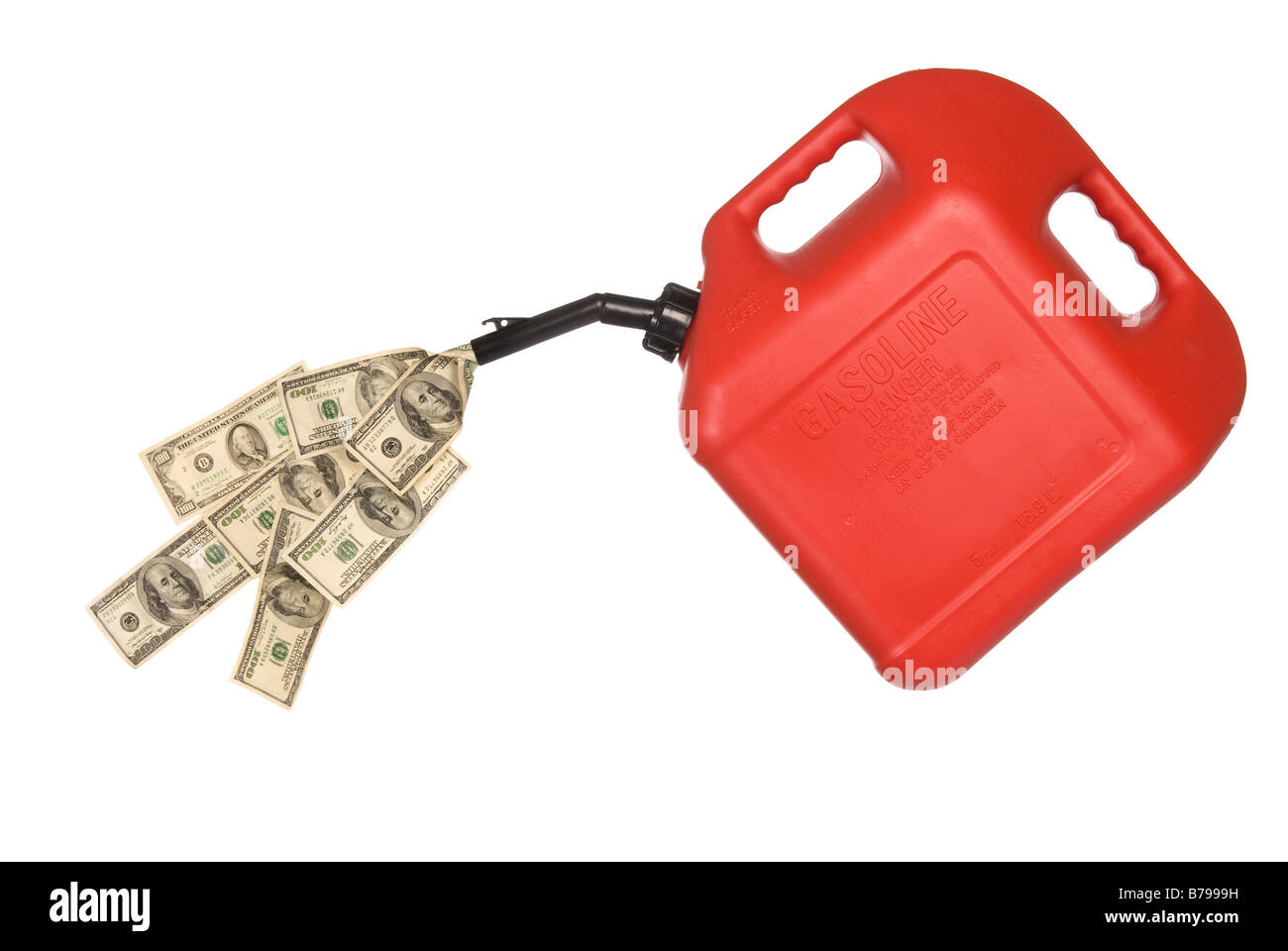 Gas can pouring out hundreds of dollars to mirror the high costs of gasoline Stock Photo