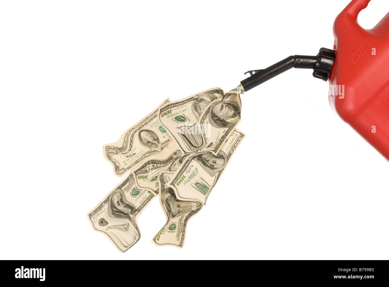 Gas can pouring out hundreds of dollars to mirror the high costs of