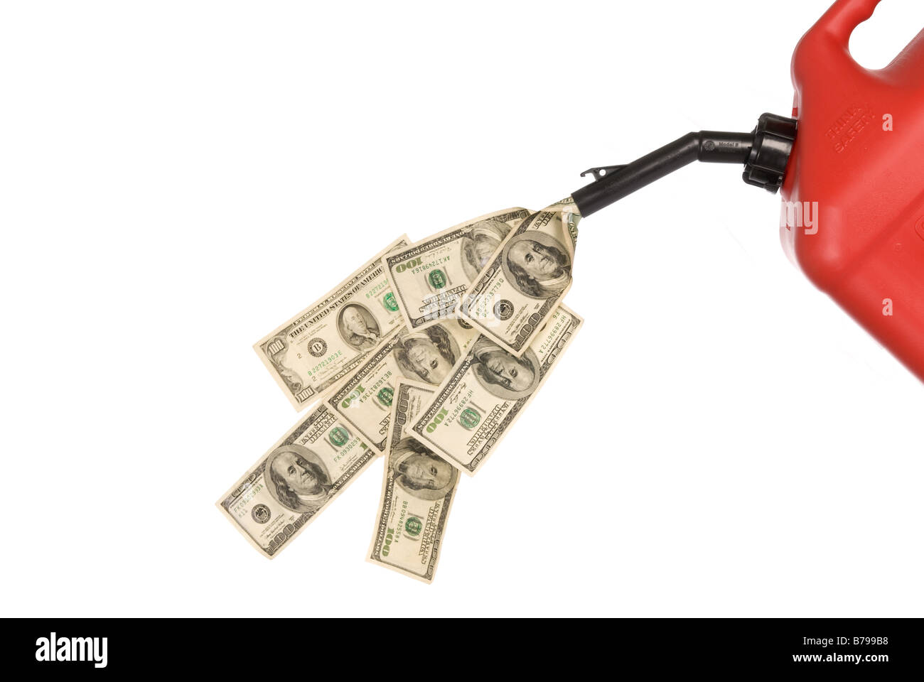Gas can pouring out hundreds of dollars to mirror the high costs of gasoline Stock Photo