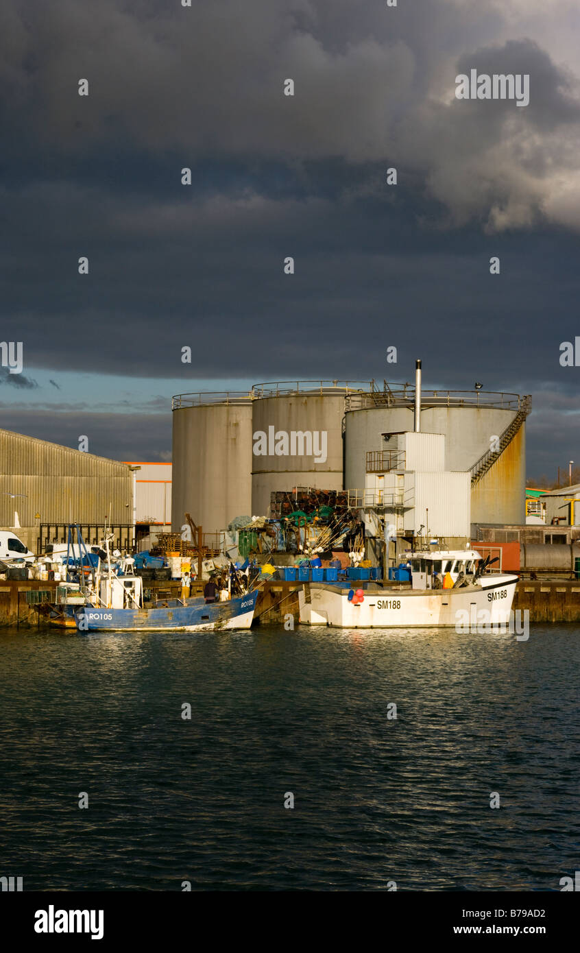 Orange and Blue Fishing Motor Boats Lined Up in a Fishing Sea