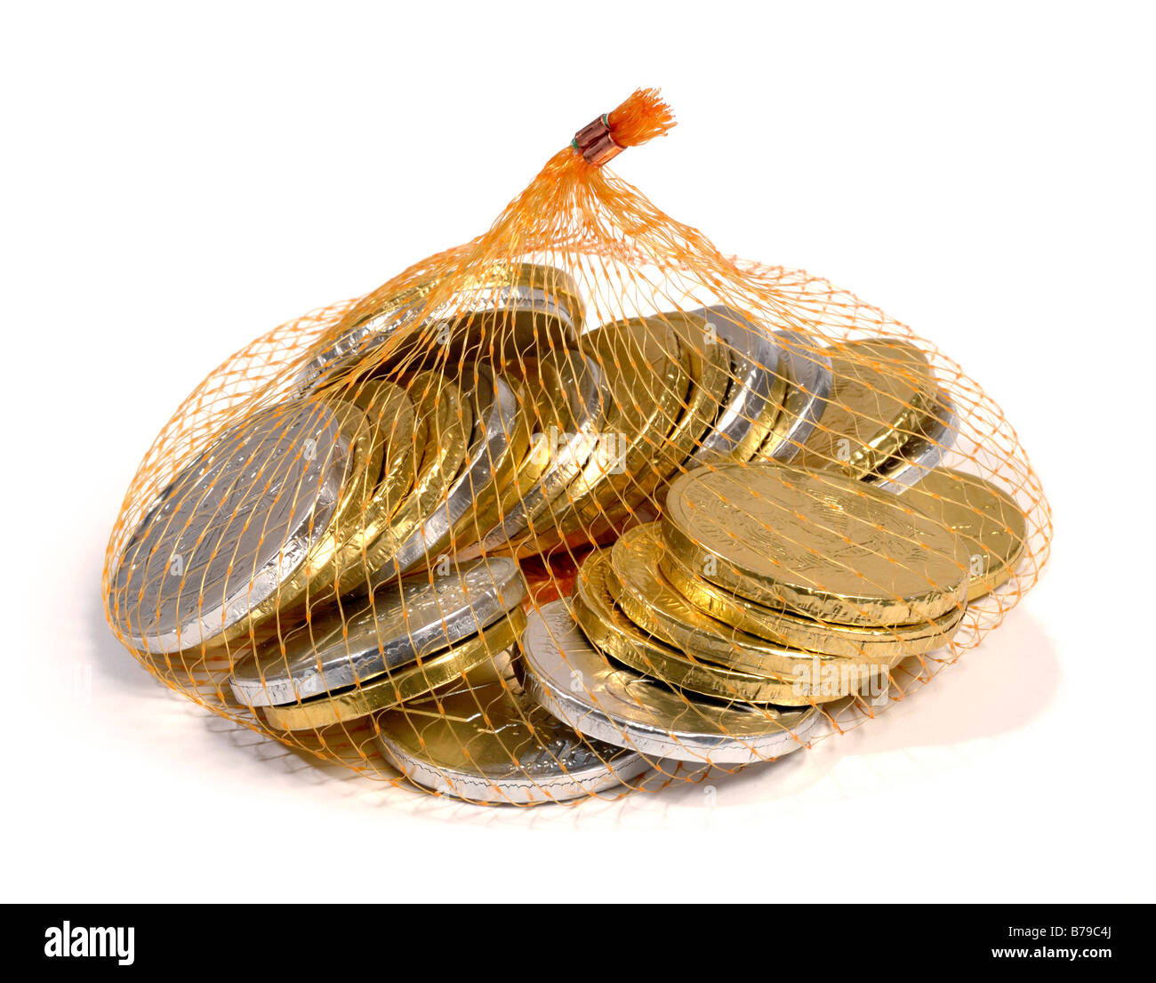 Bag of chocolate gold and silver coins Stock Photo