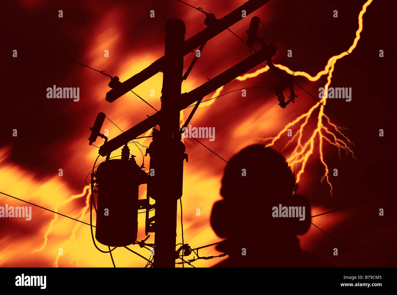 engineer checking power line during lightning storm Stock Photo Alamy
