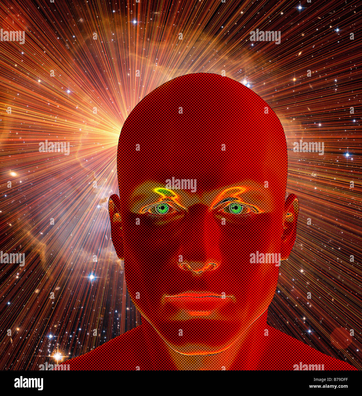 computer generated male robot with galaxy explosion in background Stock ...