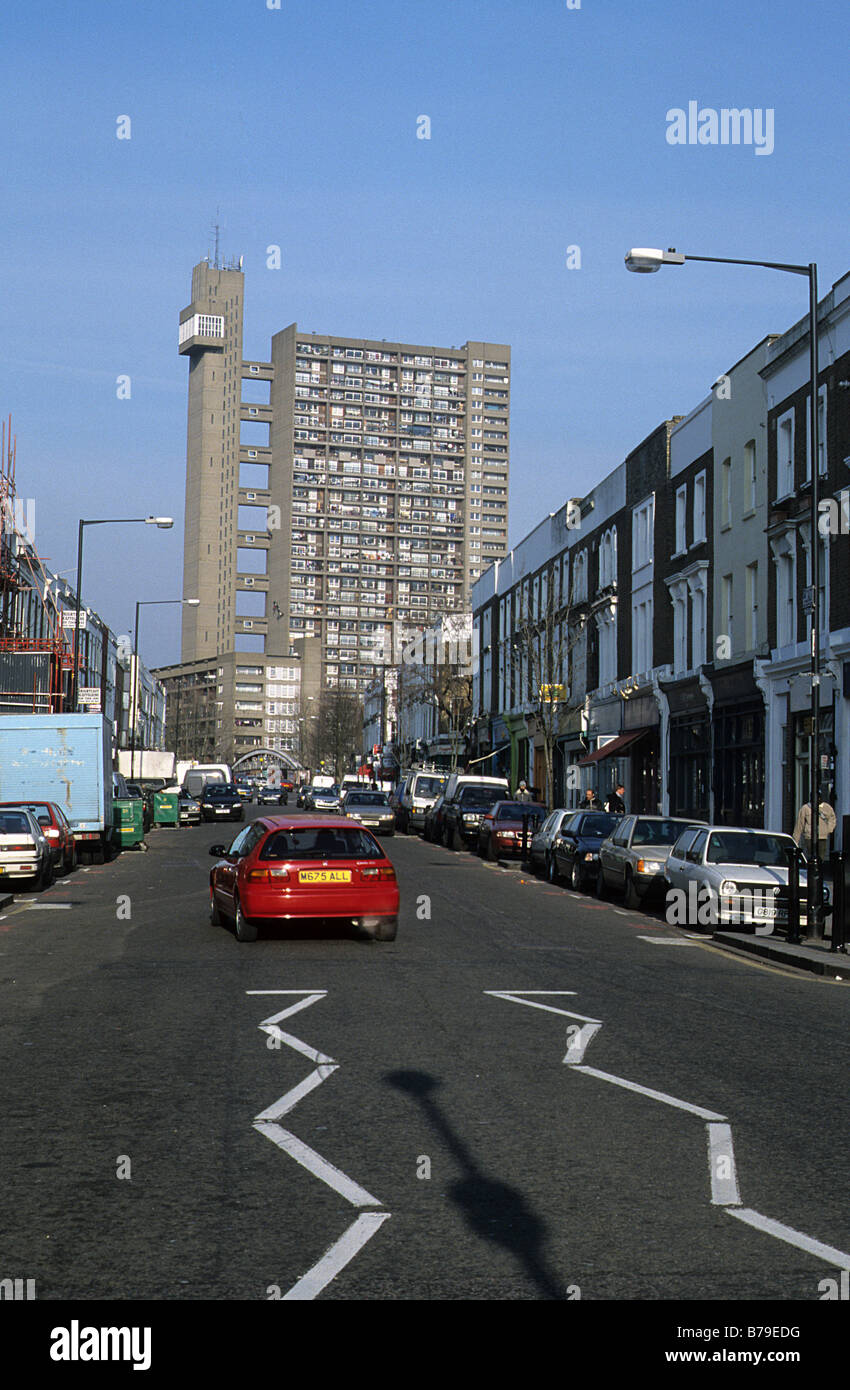 View along Golborne Road, North Kensington, London, towards Erno Goldfinger's Trellick Tower. Stock Photo