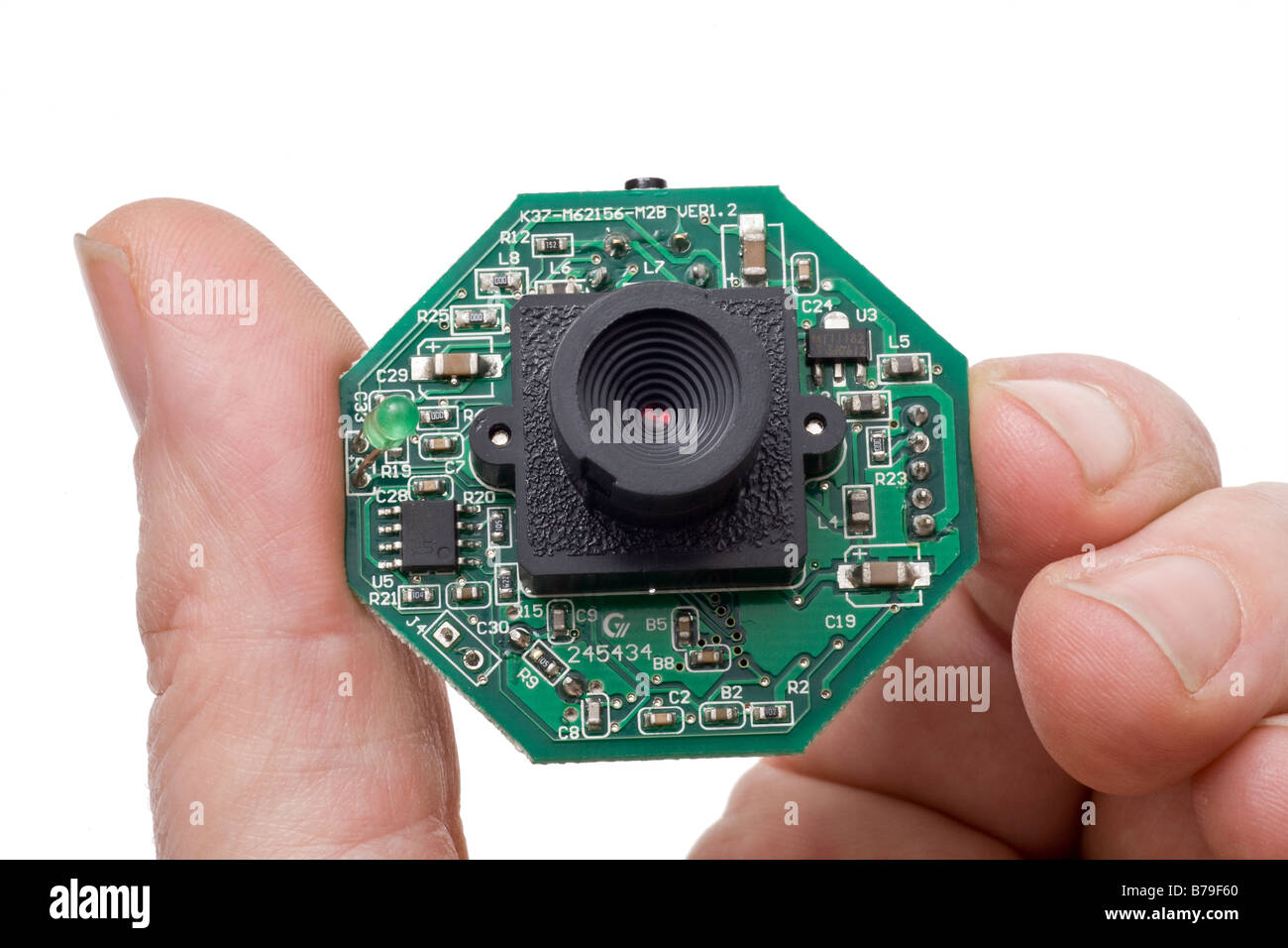 Detail of typical webcam CMOS embedded sensor and lens assembly Stock Photo