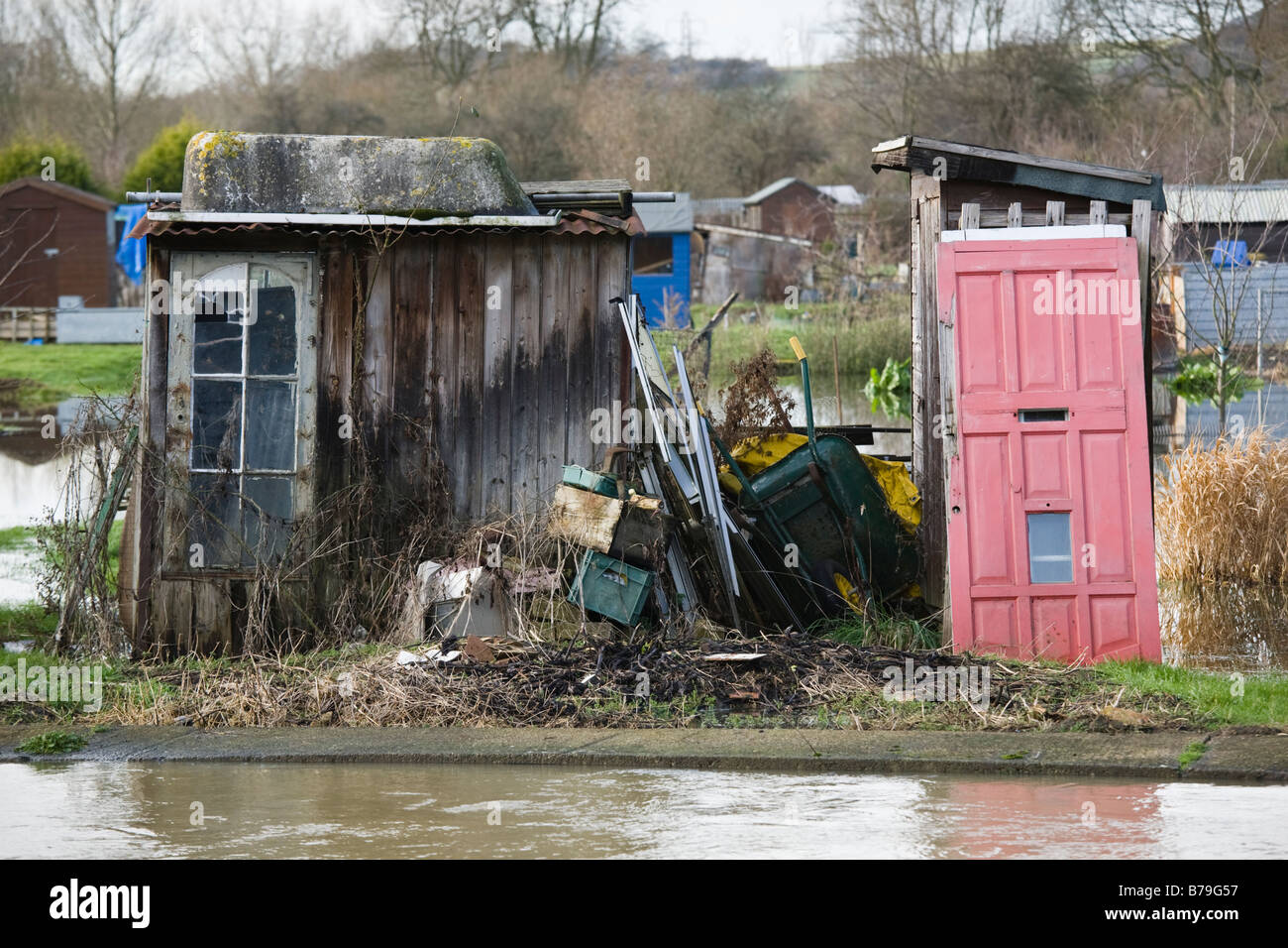 Partially flooded allotments by the River Thames Oxford Oxfordshire England Stock Photo