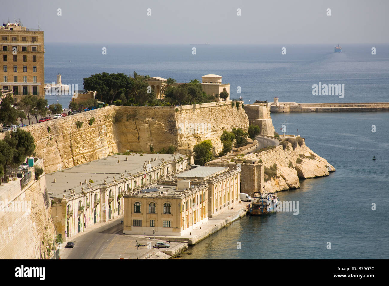 View from Upper Barracca Gardens towards Lower Baracca Gardens and Grand Harbour, Valletta, Malta Stock Photo