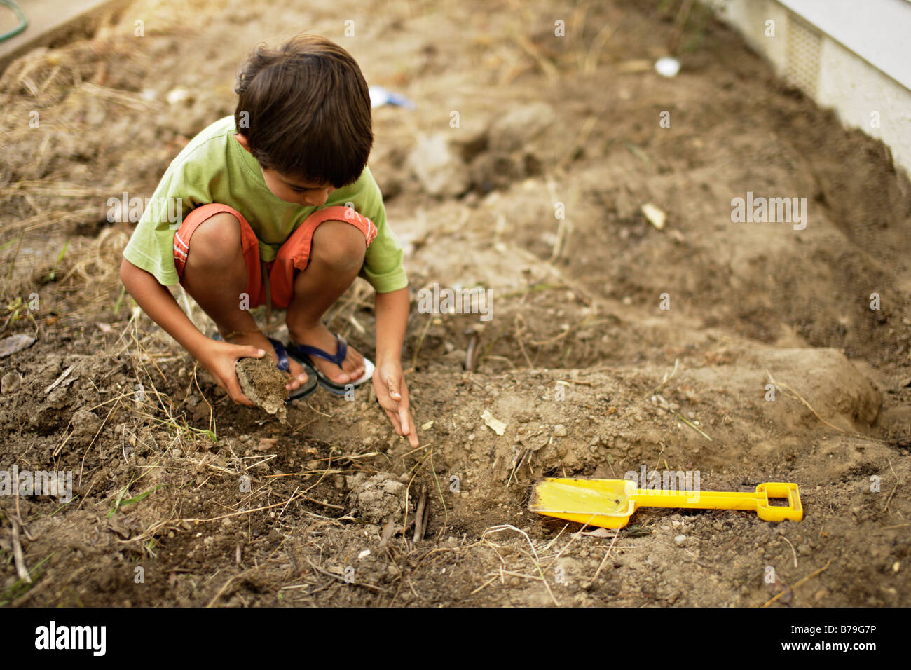 Six year old boy digging in the garden Stock Photo
