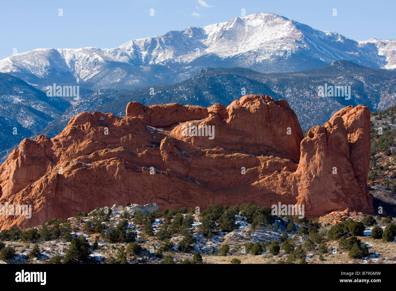 Garden of the Gods and Pikes Peak Stock Photo