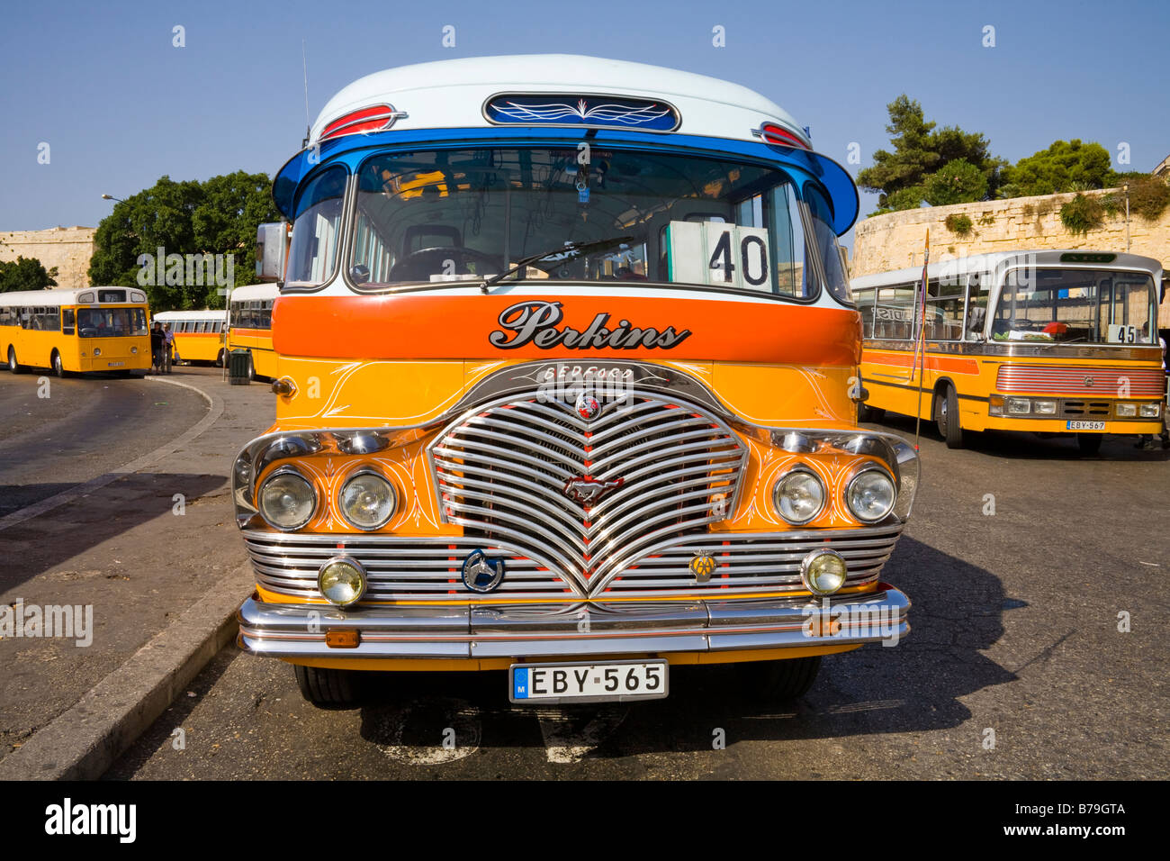 Public transport bus, parked at the bus terminus, Valletta, Malta Stock Photo