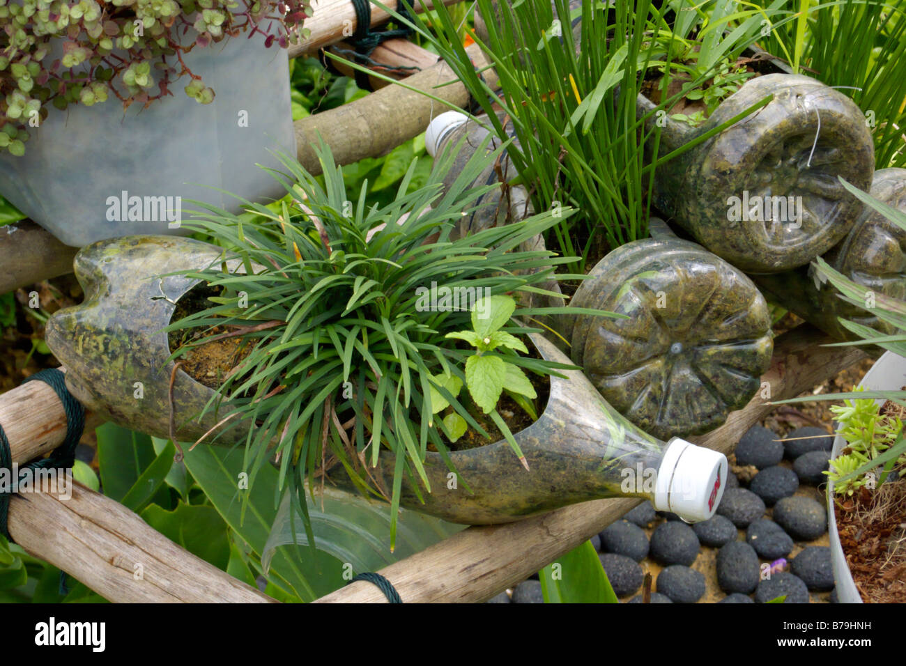 Flower pots made of used plastic bottles Stock Photo
