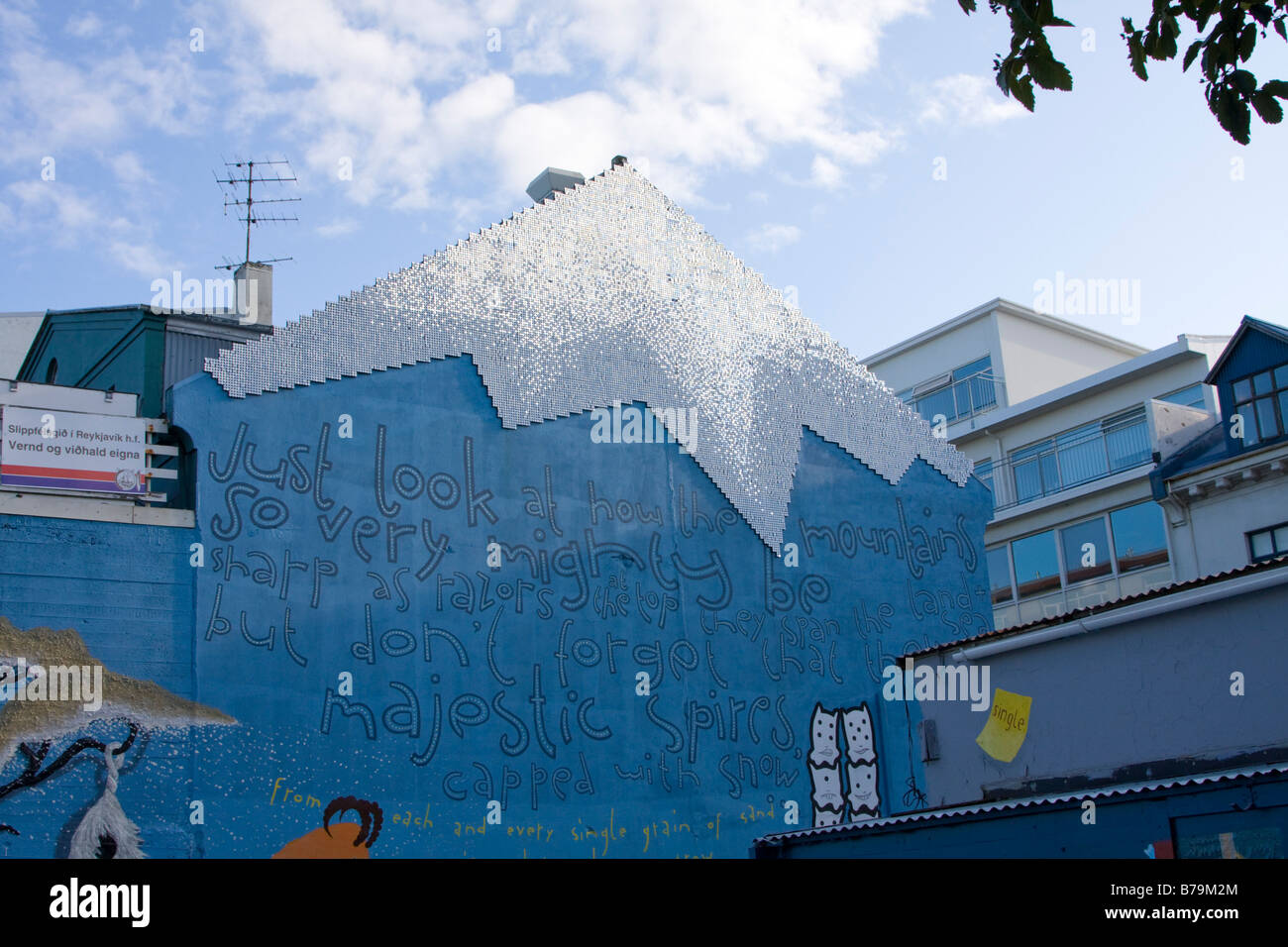 Picture of a mountain on the side of a building Reykjavik Iceland Stock Photo