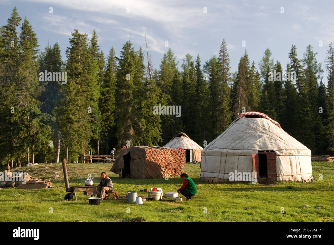 A Mongolian yurt encampment in Kanas in Xinjiang in China. Stock Photo