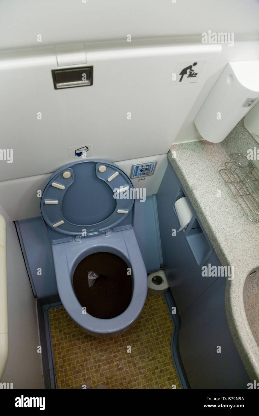 Toilet / lavatory on a Gulf Air Airbus A330 flight (45) Stock Photo