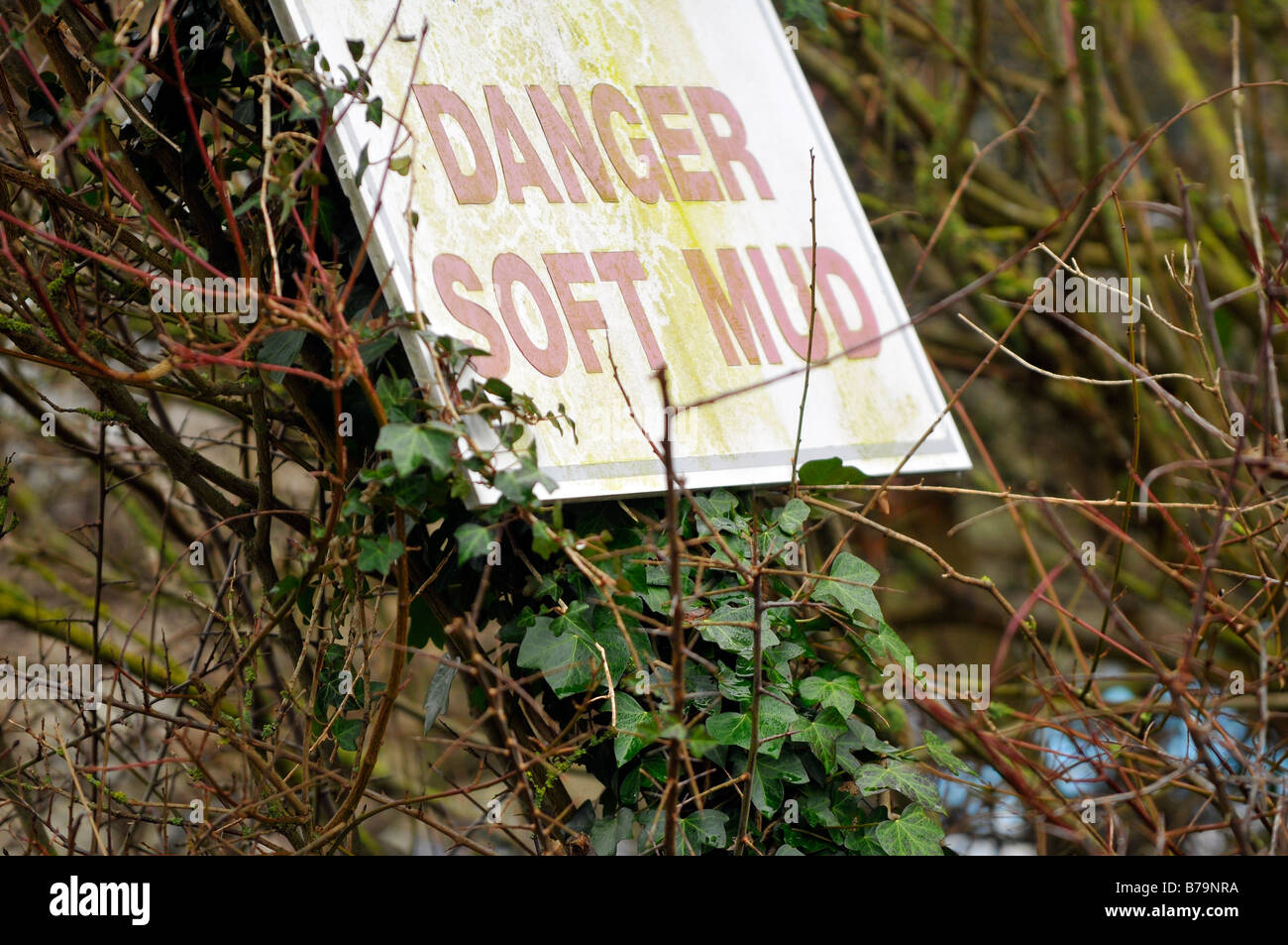 danger soft mud sign on the sea shore seaside in woodland warning of dangers to walkers Stock Photo