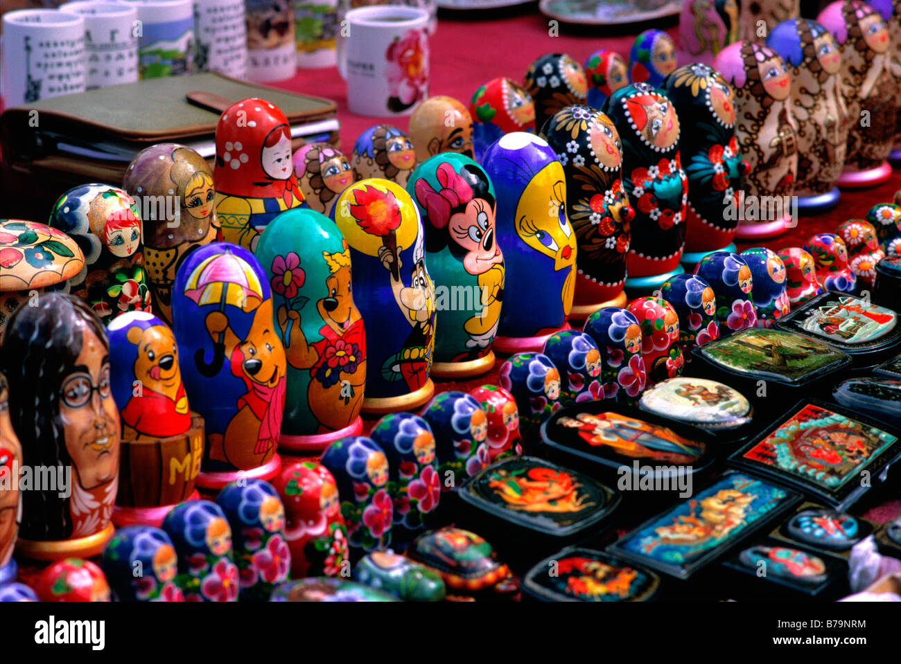 Matryoshka dolls also known as Russian nested doll on sale at a flea market near Alexander Nevsky Cathedral in Sofia, Bulgaria. Stock Photo