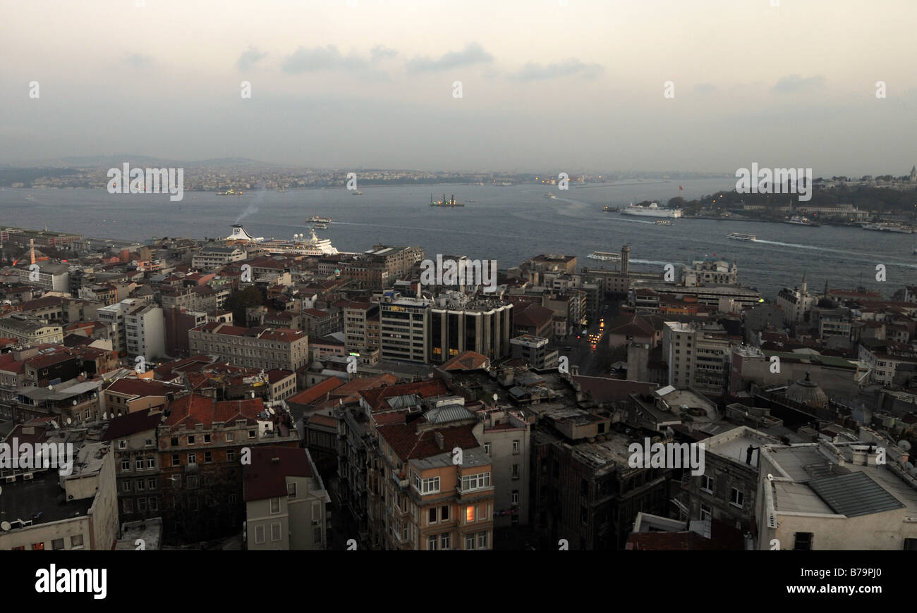 Skyline of Istanbul with a view over the Golden Horn- Asia is straight ahead, Europe immediately in front and away to the right. Stock Photo