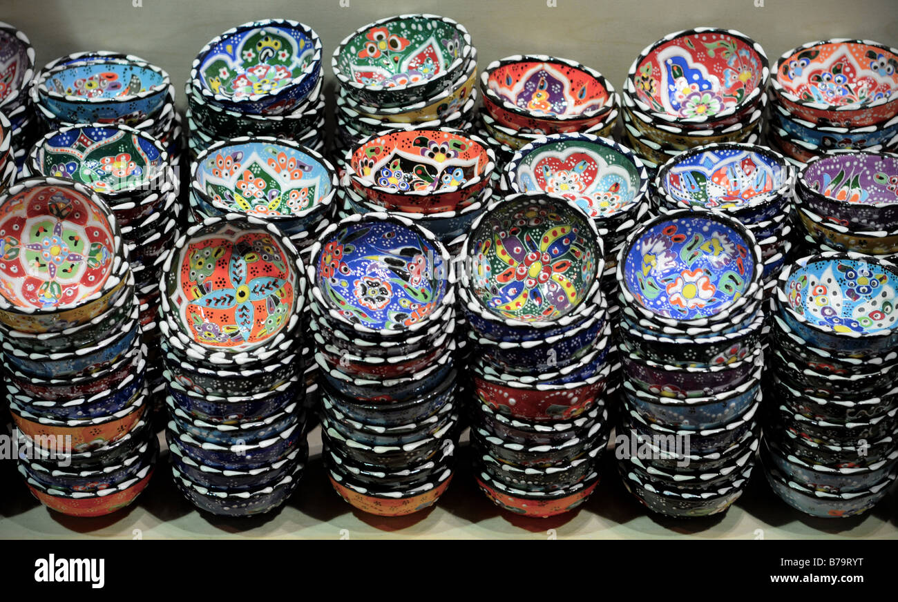 Small colourful hand painted dishes for sale in a local market in the