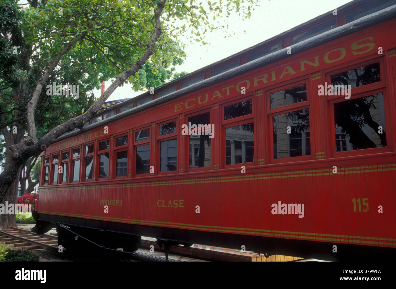 Restored vintage Ferrocarriles Ecuatorianos railway car on the Malecon 2000 in the city of Guayaquil, Ecuador Stock Photo