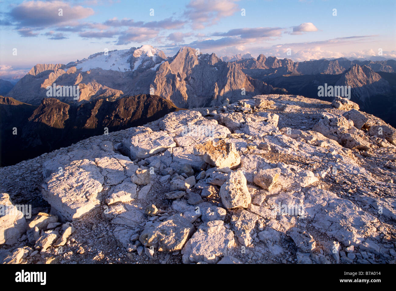 View in the direction of Mount Marmolada from the Pordoi Pass, Province of Bolzano-Bozen, Italy, Europe Stock Photo