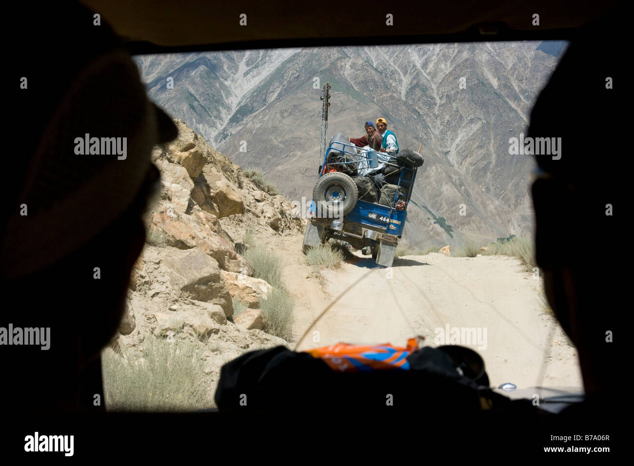 A jeep on a dirt road to the town  of Askole in the Karakoram himalaya of Pakistan Stock Photo