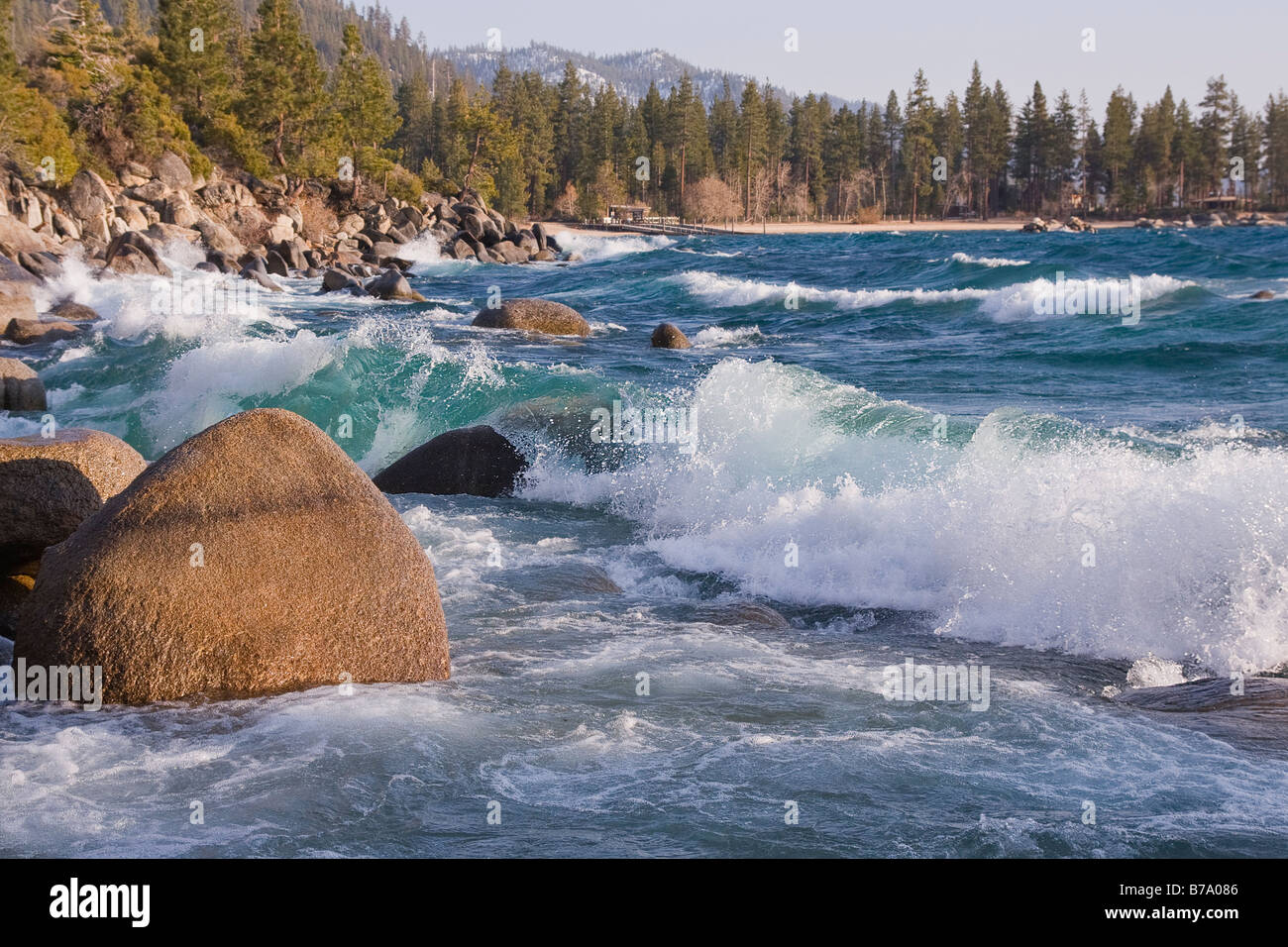 Waves at Sand Harbor on a windy day on the east shore of Lake Tahoe in the spring Stock Photo