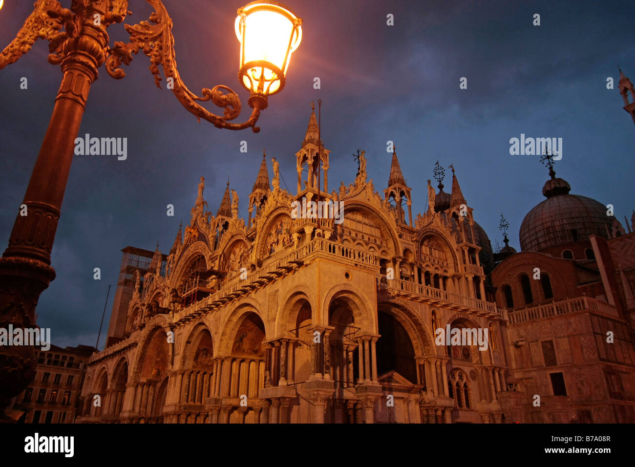 Illuminated St. Mark's Basilica in Venice, Italy, Europe Stock Photo