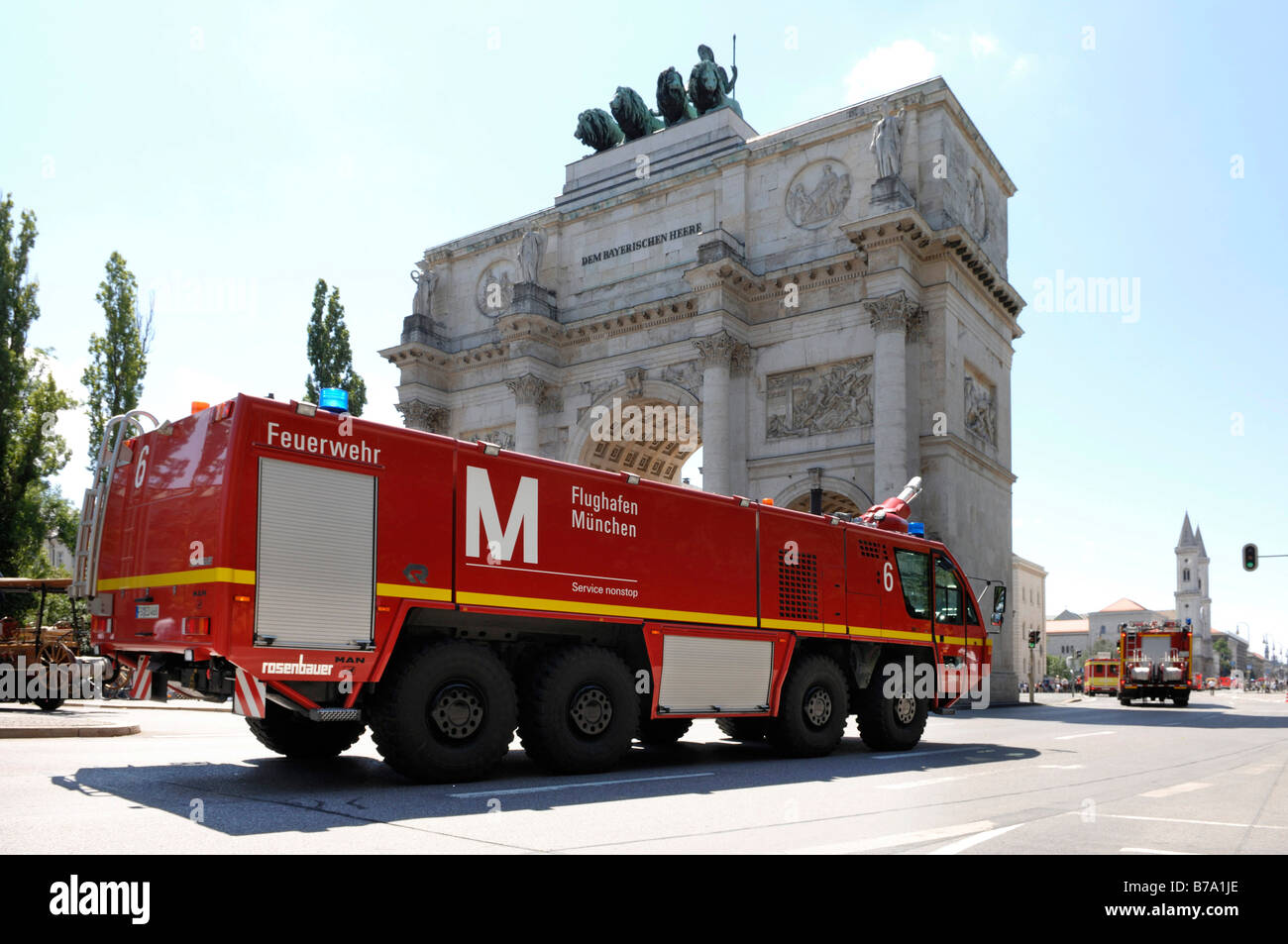 Airport fire brigade, Siegestor Gate, Munich, Bavaria, Germany, Europe Stock Photo