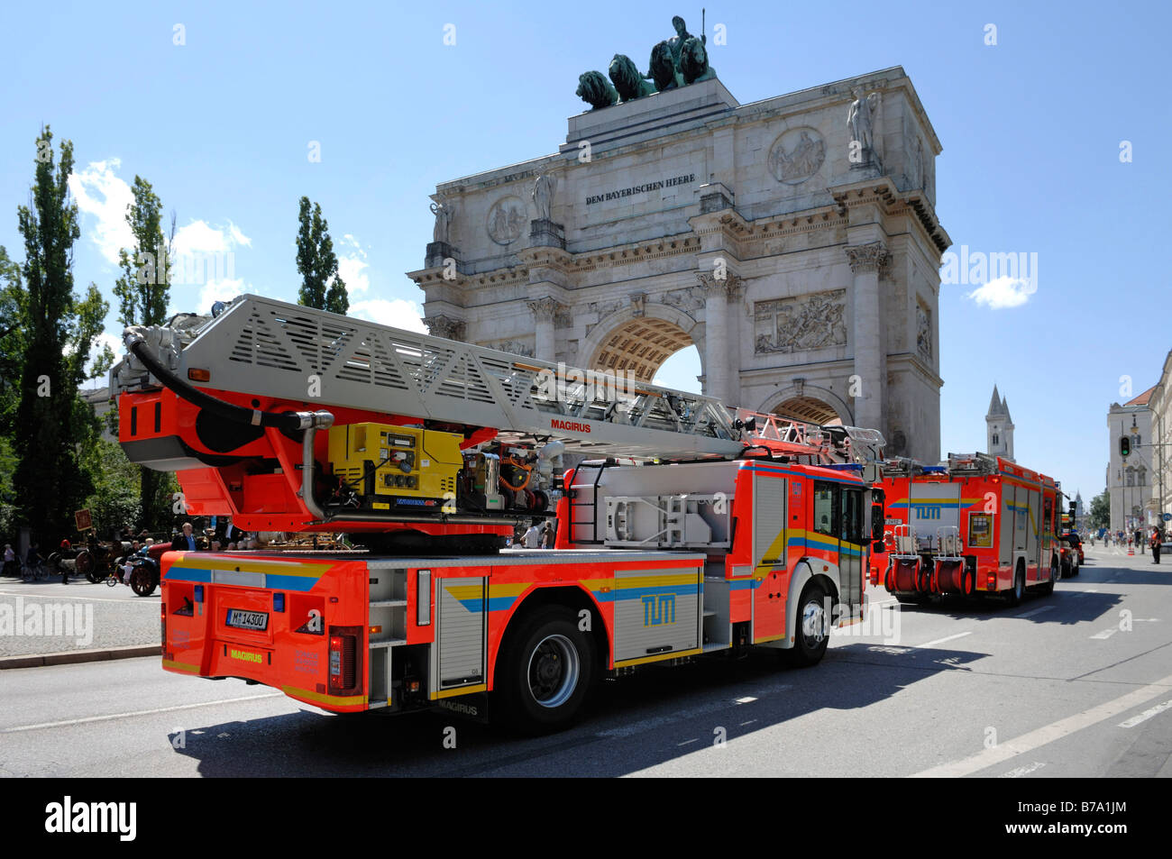 Fire brigade cars, Siegestor Gate, Munich, Bavaria, Germany, Europe Stock Photo