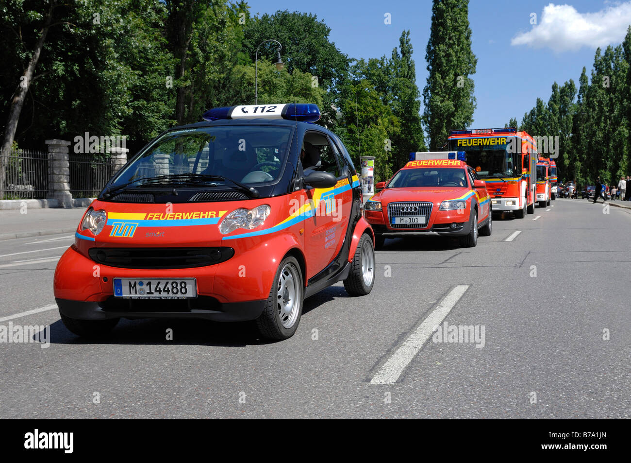 Fire brigade cars, Leopoldstrasse Street, Munich, Bavaria, Germany, Europe Stock Photo