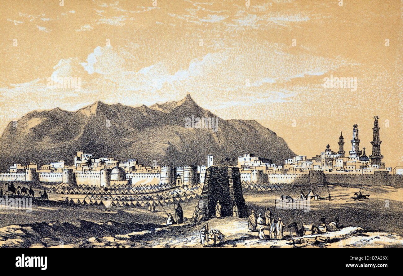 Saudi Arabia HIstorical Drawing of Madinah The Burial Place Of The Prophet By Richard Burton 1850’s Stock Photo
