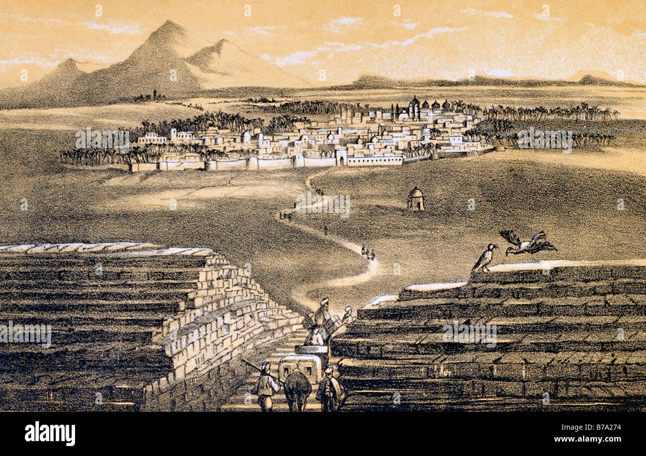 Saudi Arabia HIstorical Drawing of Madinah Taken From The Harrah (Ridge) West Of The Town By Richard Burton 1850’s Stock Photo