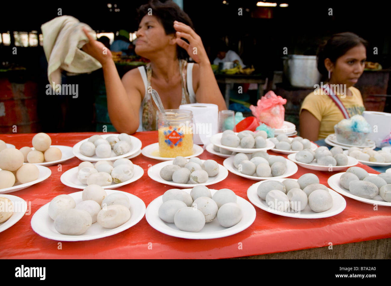 Amazon River turtle eggs for sale Bellavista, Nanay market Iquitos Peruvian Amazon Peru Stock Photo