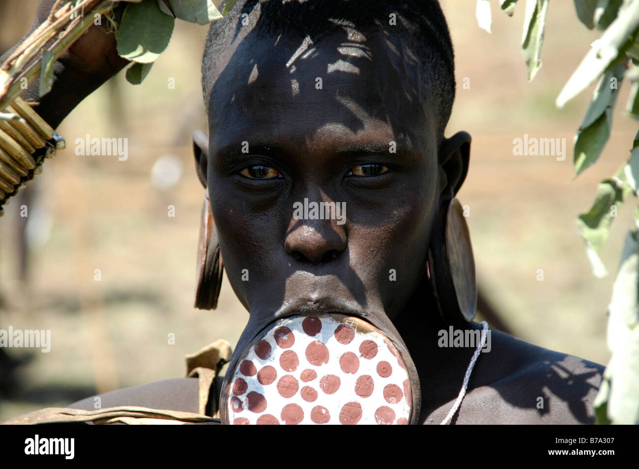 Portrait of a young woman, wearing a dotted clay lip disc and clay discs in her earlobes, Mursi, Murzu, near Jinka, Ethiopia, A Stock Photo