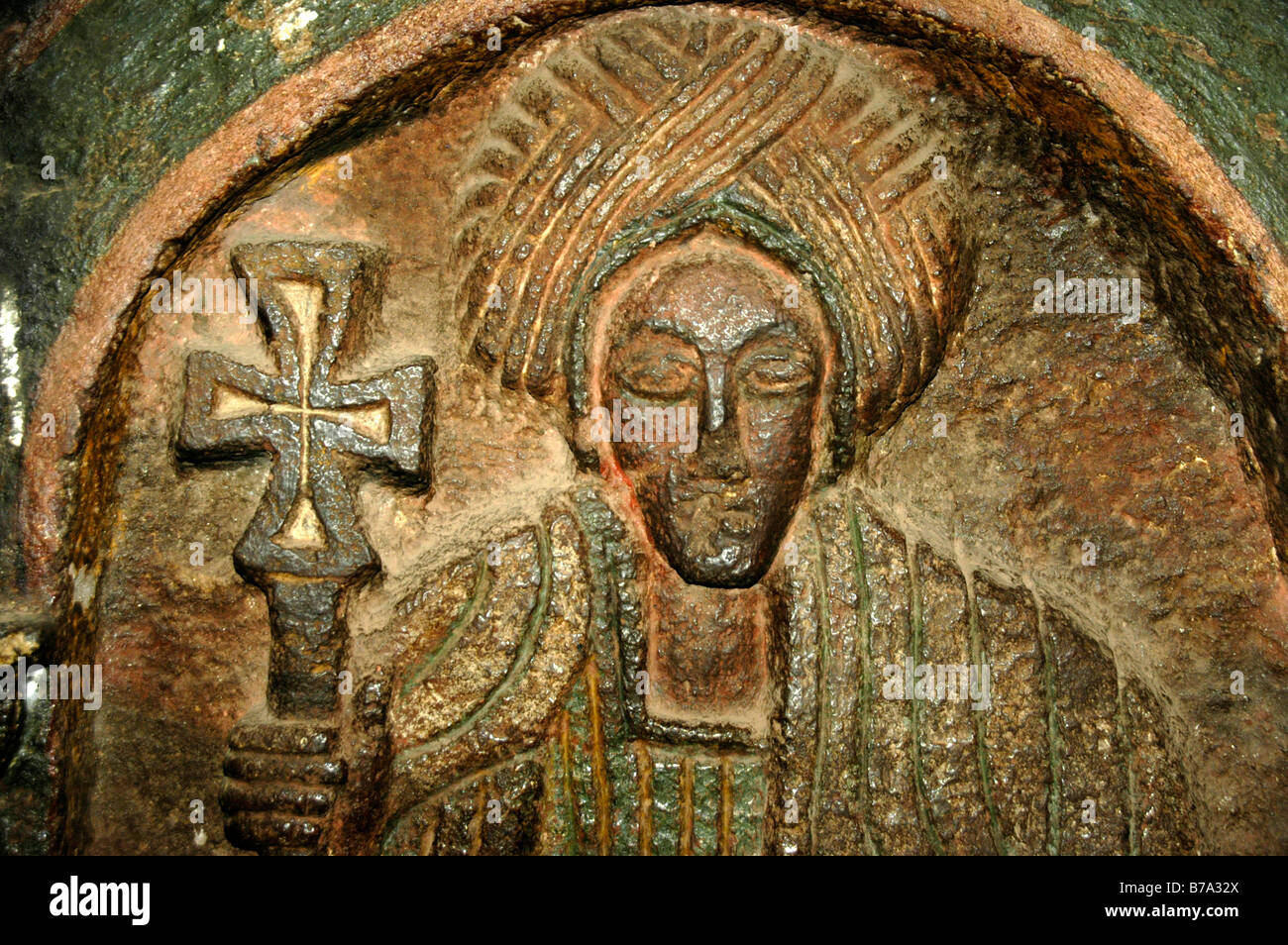 Ethiopian Orthodox Christianity, old multicoloured painted relief Stock