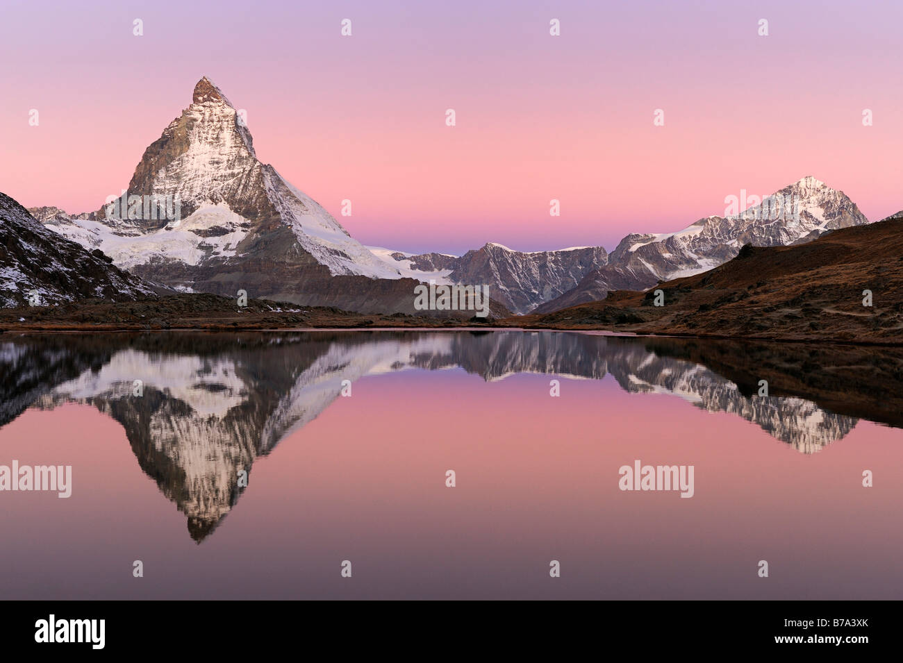 Matterhorn reflection in Riffelsee, Zermatt, Wallis, Switzerland, Europe Stock Photo