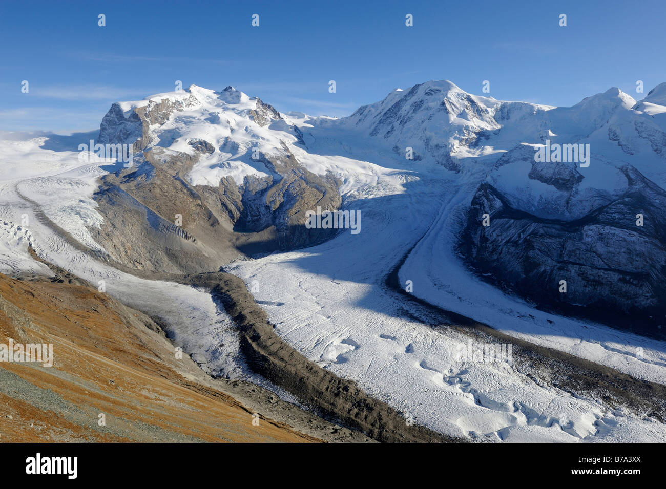 Monte Rosa Massiv as seen from Gornergrat, Gorner Glacier, Grenzgletscher, Liskamm, Zermatt, Wallis, Switzerland, Europe Stock Photo